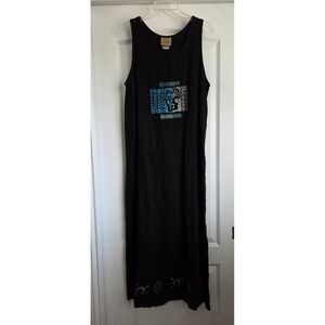 Blue Cactus‎ Vtg Black Linen Kokopelli Stamped Print Sleeveless Maxi Dress Sz L